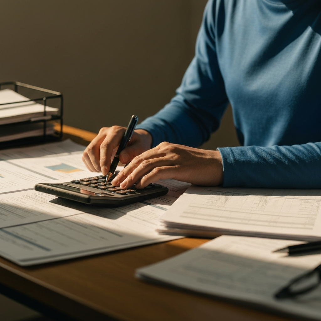 A person wearing a long-sleeve blue shirt is carefully using a calculator on a desk full of organized paperwork. Golden hour lighting illuminates the textures of the paper and desk.