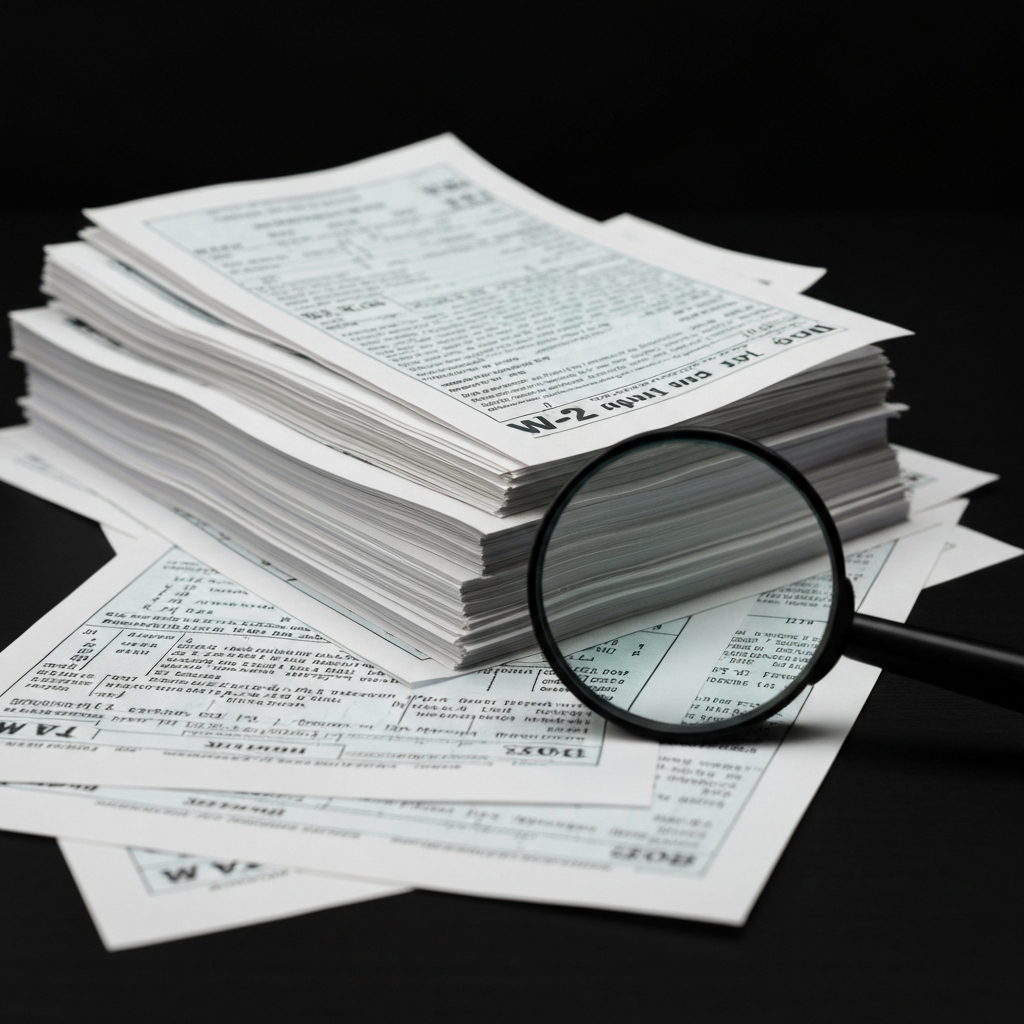 A neatly stacked pile of W-2 forms and pay stubs on a desk with a magnifying glass resting on top. The light is diffused, highlighting the textures of the paper and the slight curvature of the forms.