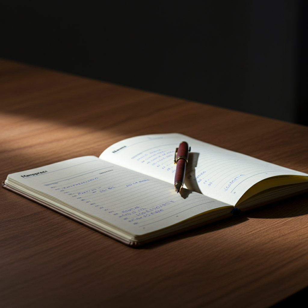 An open notebook on a wooden desk with a pen resting on it. The notebook page is filled with handwritten notes listing employer names, dates of employment, and contact information. The scene is side-lit, highlighting the texture of the paper.