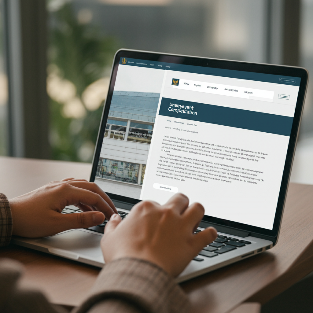 A person's hands typing on a laptop keyboard. The laptop screen displays the Pennsylvania Unemployment Compensation website. Soft bokeh in the background shows a modern office setting.