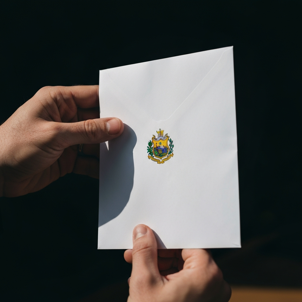 A hand opening a letter with the Pennsylvania state seal on the envelope. Soft, natural light illuminates the hand and the letter.