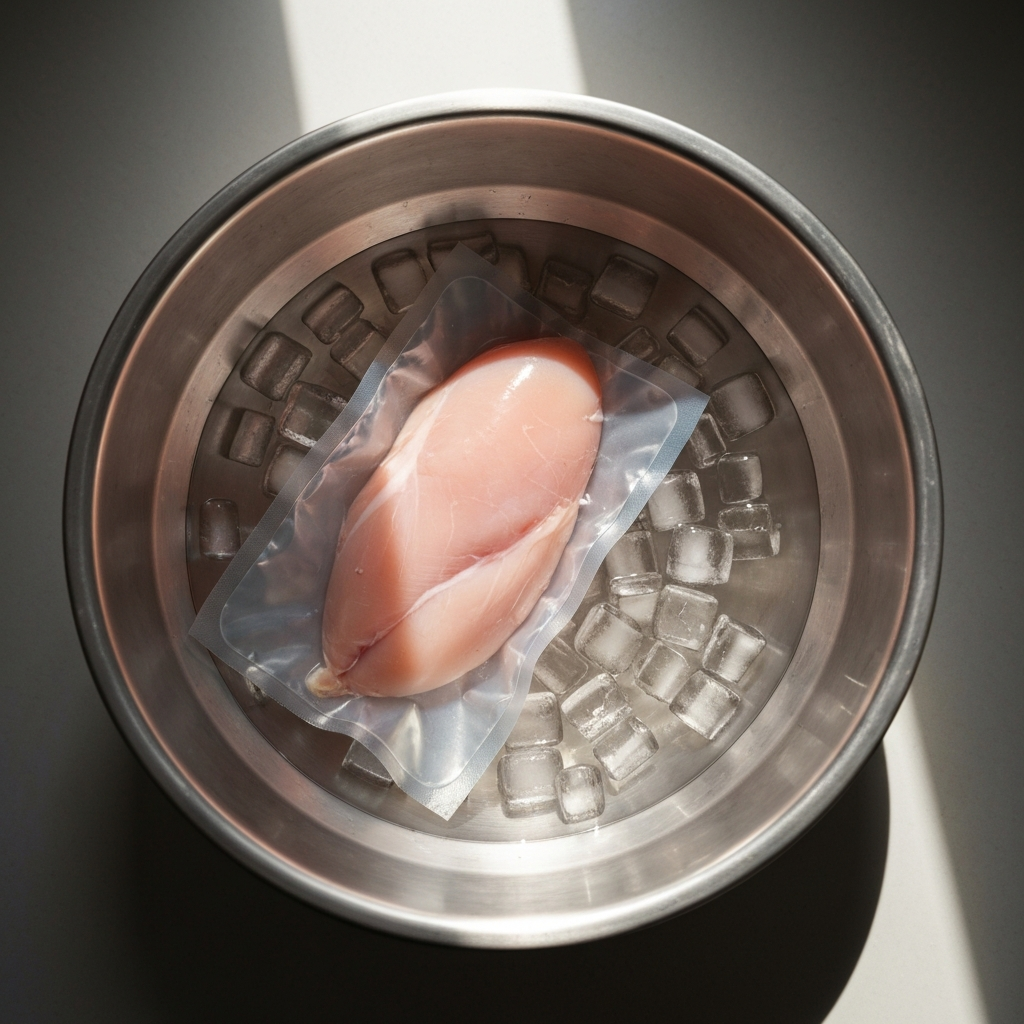 Overhead shot of a stainless steel bowl filled with ice water, a vacuum-sealed package of chicken breasts submerged within, illuminated by soft window light.