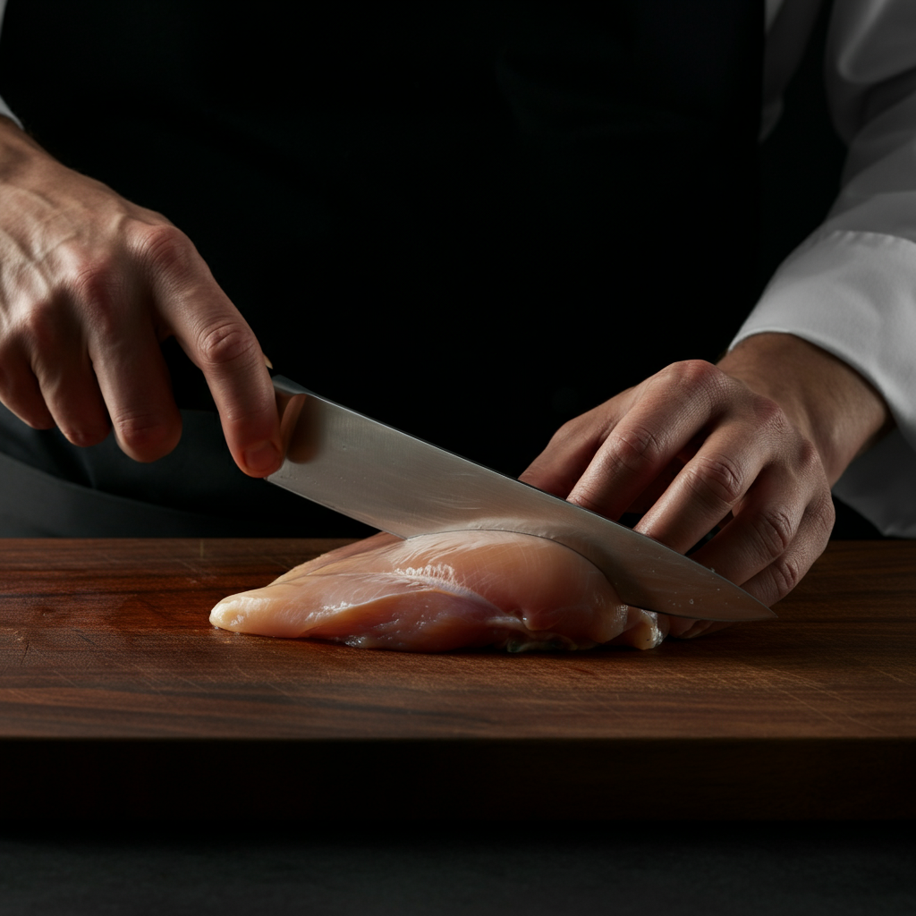 Close-up of a chef's hands using a sharp knife to carefully score the surface of a chicken breast on a wooden cutting board. Knife glinting in overhead kitchen lighting.