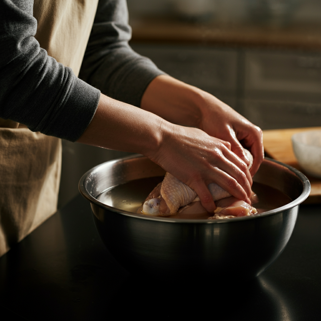 Side view of a large stainless steel bowl containing chicken breasts submerged in a clear liquid, hands gently massaging the chicken. Soft focus on the background to emphasize the action.