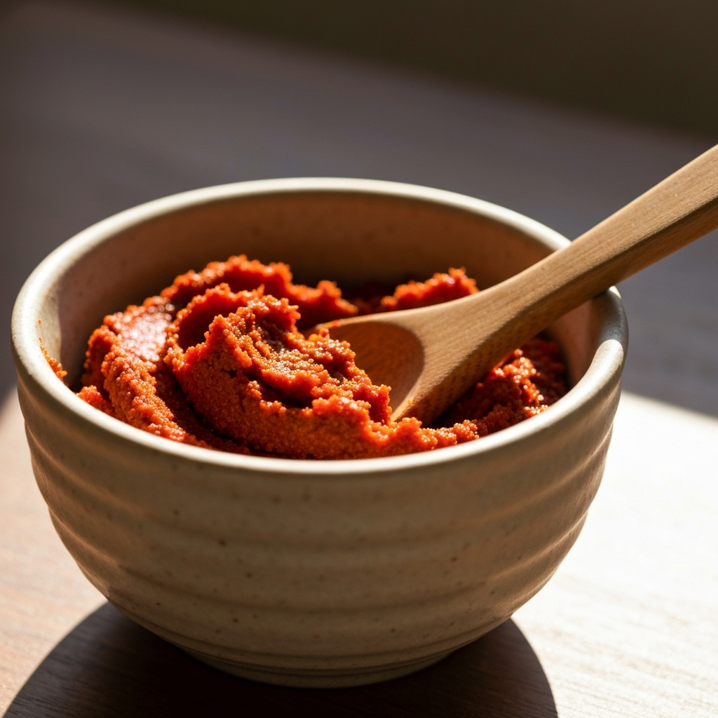 Medium shot of a small ceramic bowl filled with a vibrant red spice paste, a spoon resting inside. Natural light highlighting the texture of the paste.