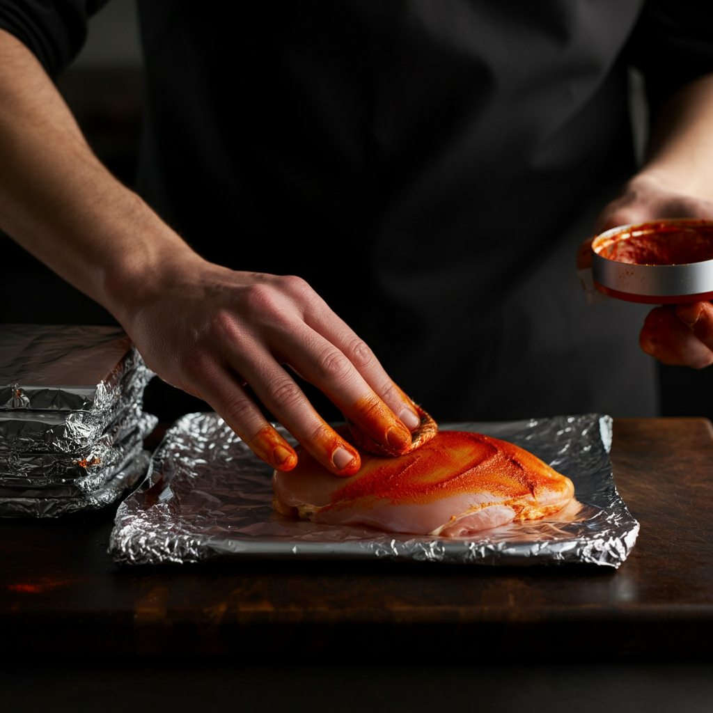 Close-up of hands meticulously rubbing a bright red spice paste onto a chicken breast, ensuring full coverage. Foil squares stacked neatly in the background.