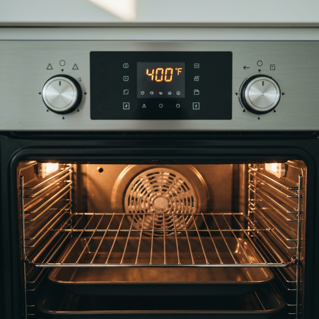 Close-up of an oven's digital display showing 400 degrees Fahrenheit, a wire rack inside. Warm, even lighting illuminating the interior.