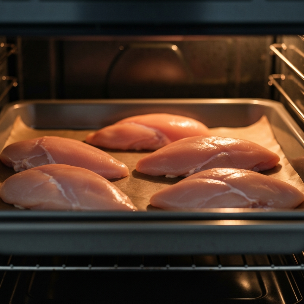 Eye-level shot of chicken breasts arranged on a baking pan inside an oven, slightly blurred to convey motion. Warm glow of oven light.
