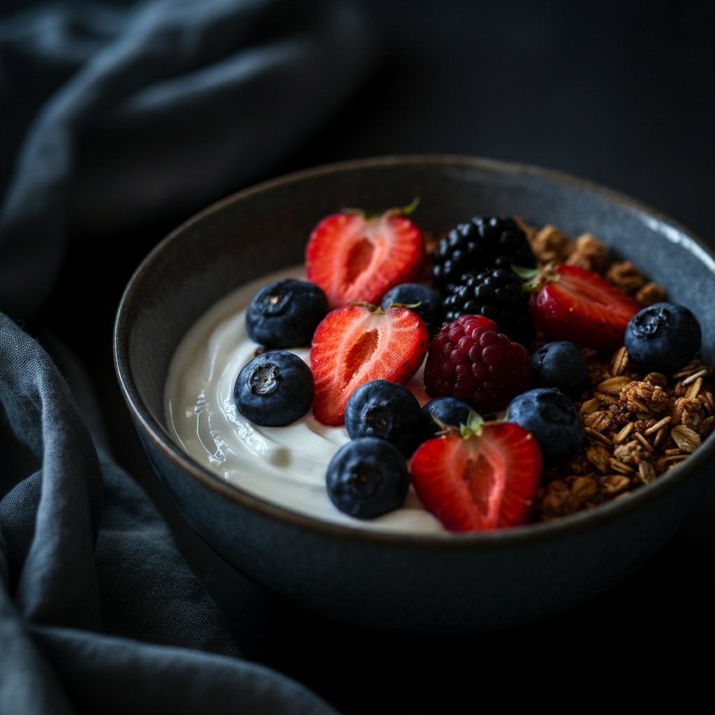 A close-up shot of a bowl of Greek yogurt topped with fresh berries and a sprinkle of granola. Soft natural light fills the frame.
