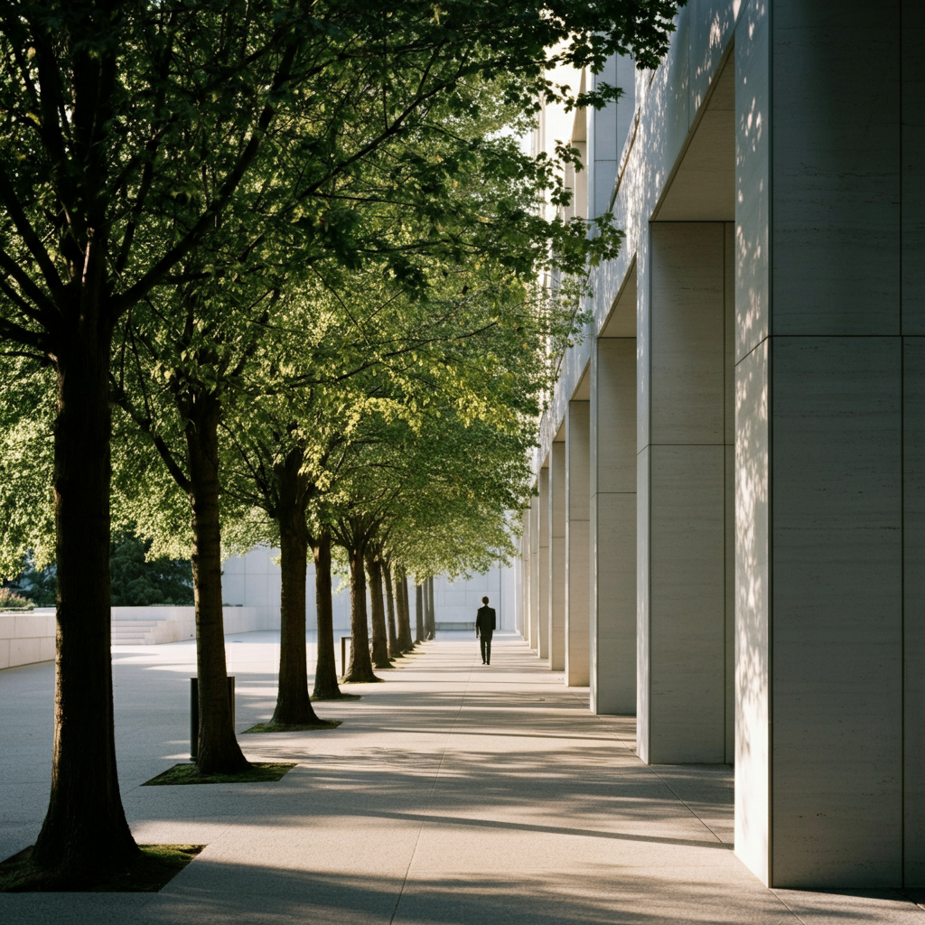 A person in business casual attire walking purposefully down a tree-lined sidewalk during daylight. Soft bokeh in the background with sunlight filtering through the leaves.