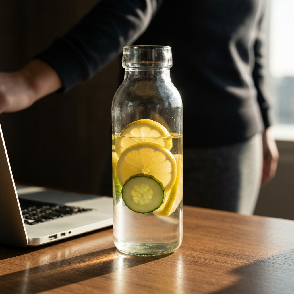 A close-up shot of a clear glass water bottle with slices of lemon and cucumber inside. The bottle is sitting on a wooden desk next to a laptop. Natural light creates a crisp, refreshing feel.