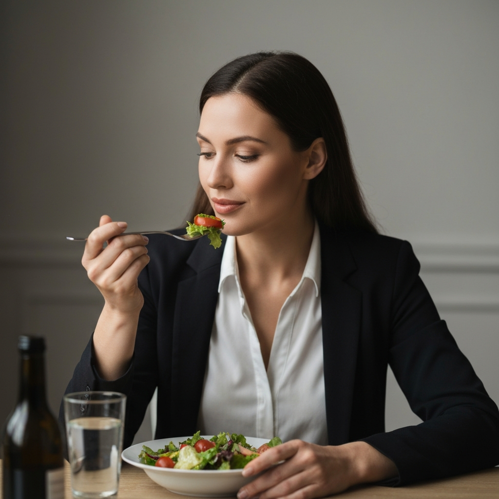 A woman sitting at a table, calmly eating a salad with a fork. She is looking at her food with a gentle expression. Soft, diffused light illuminates her face.