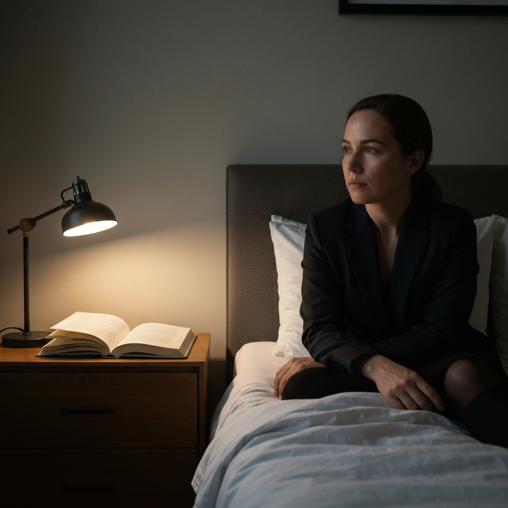 A cozy bedroom scene with soft lighting. A book is open on a nightstand next to a dim lamp. The bed is neatly made with plush pillows.