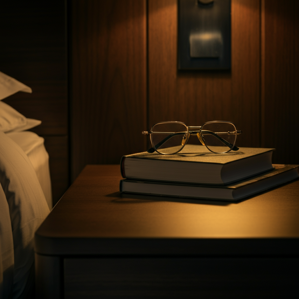A pair of eyeglasses resting on top of a closed book on a nightstand. The room is dimly lit with a warm, inviting glow.
