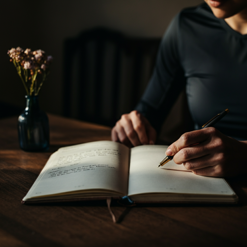A hand writing in a journal with a pen. The journal is open on a wooden table, and there is a small vase of flowers next to it. Soft, natural light illuminates the scene.