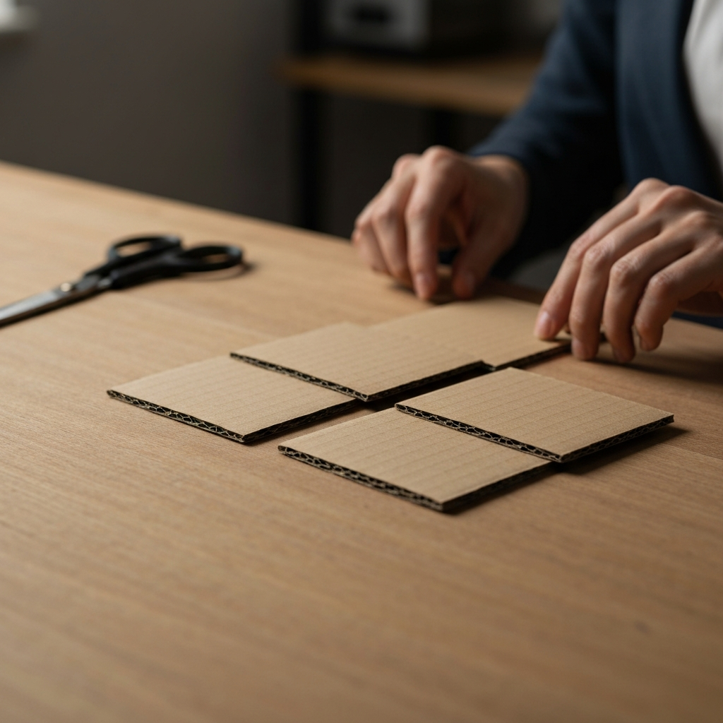 A close-up shot of four precisely cut cardboard squares resting on a wooden crafting table, bathed in soft, diffused light. A pair of scissors and a ruler are subtly placed in the background, creating a sense of preparation. The texture of the cardboard is emphasized with side lighting.