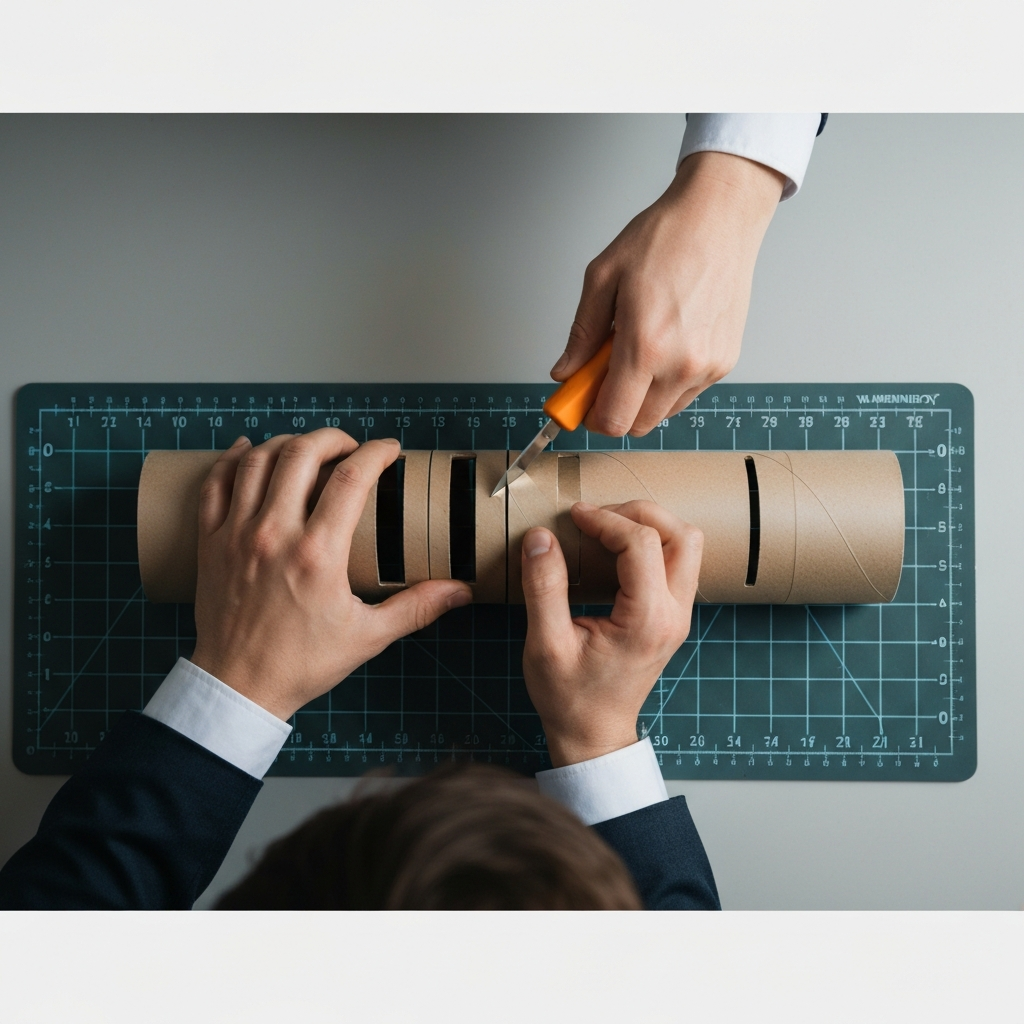 An overhead shot showing hands using a craft knife (under supervision) to carefully cut slots into a cardboard tube. The tube is held firmly on a cutting mat. The lighting is bright and even, highlighting the precision of the cutting action.
