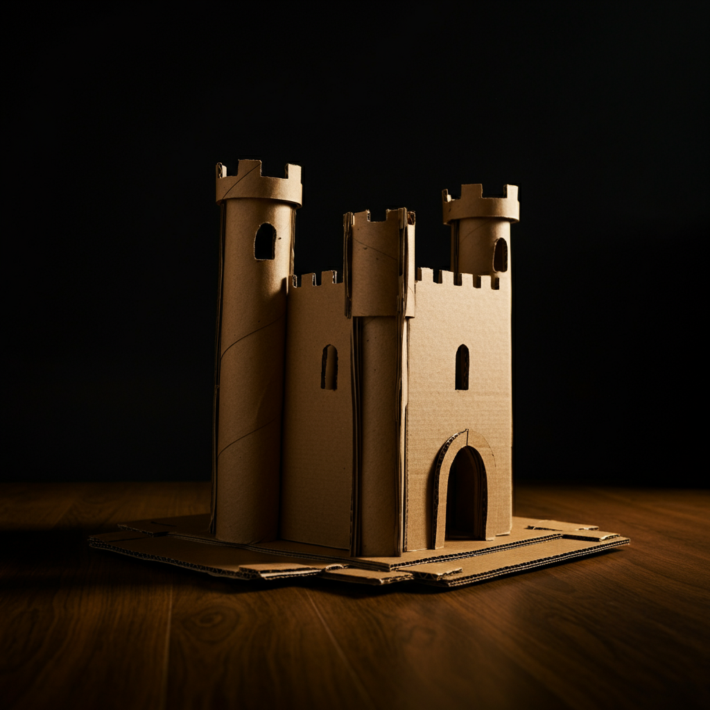 A slightly low-angle shot of the assembled cardboard castle structure, composed of kitchen rolls and cardboard squares. The lighting is dramatic, with a soft shadow falling across one side, emphasizing the three-dimensional form.