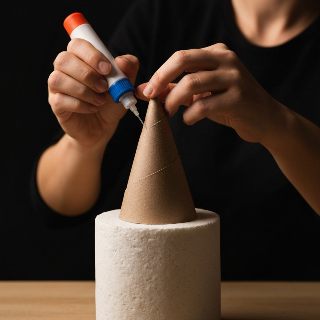 A detailed close-up of hands carefully gluing a cardboard cone to the top of a kitchen roll turret. The lighting is warm and inviting, with a shallow depth of field, blurring the background and focusing attention on the delicate crafting process.