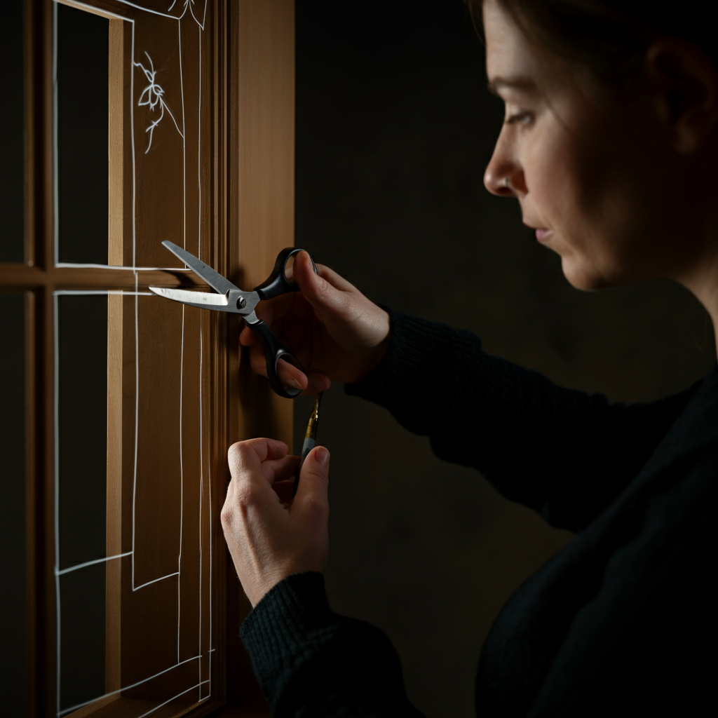 A side-lit image of the castle. A hand is carefully using scissors to cut out a window. The pen lines of the window design are clearly visible. Soft bokeh in the background draws attention to the craftwork.