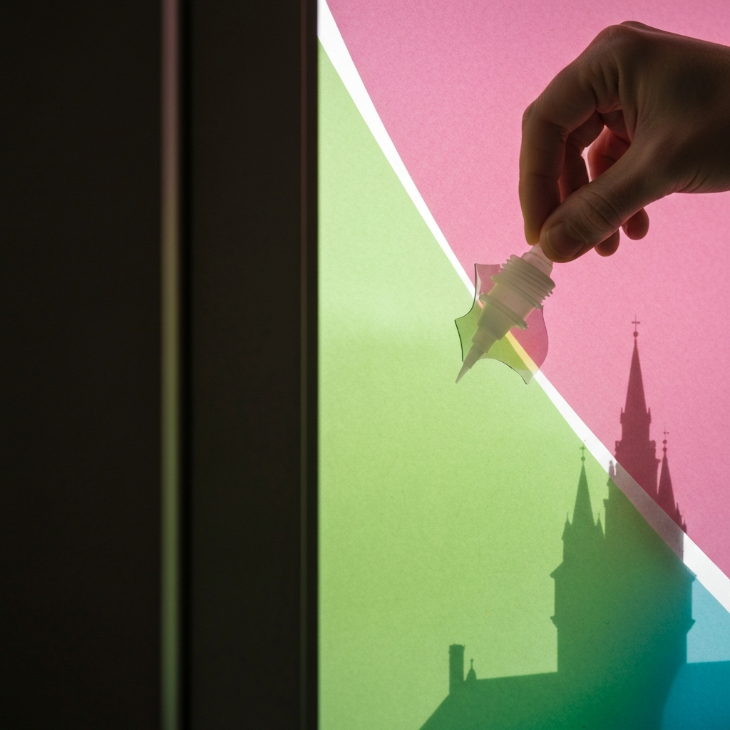 Close-up of translucent colored paper being carefully glued behind the window of the castle. The colors of the paper are vibrant and the glue is applied neatly. Soft, natural light illuminates the scene.