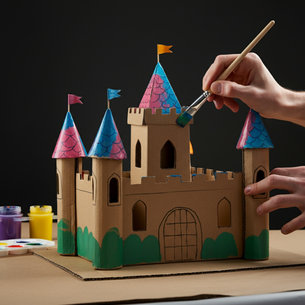 A pair of hands is shown painting the cardboard castle with bright, cheerful colours. The paintbrushes are clean and the workspace is organized. The scene is brightly lit and the colours are vivid.