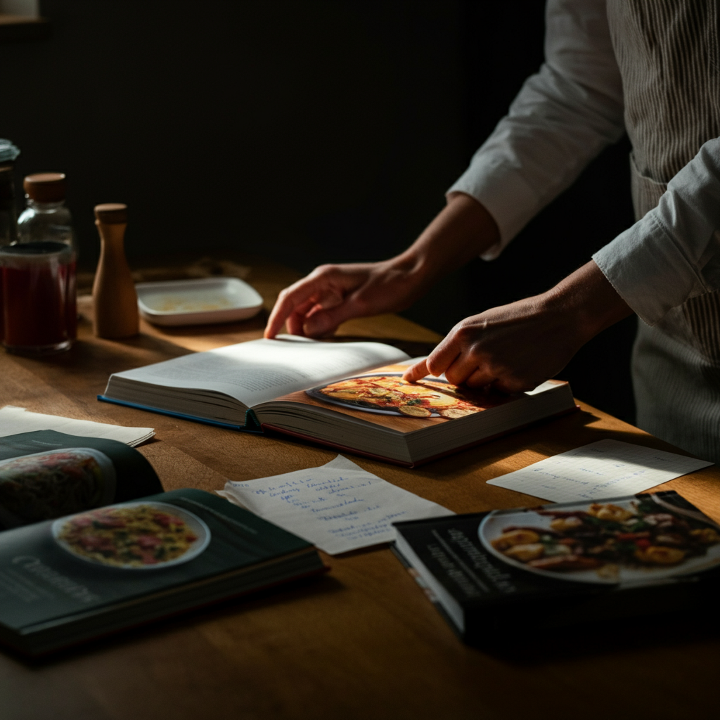 A well-lit kitchen table laden with colorful cookbooks, handwritten recipes, and a shopping list. Soft, diffused light streams in from a nearby window, highlighting the textures of the paper and the vibrant covers of the books. A hand reaches out to underline a recipe.