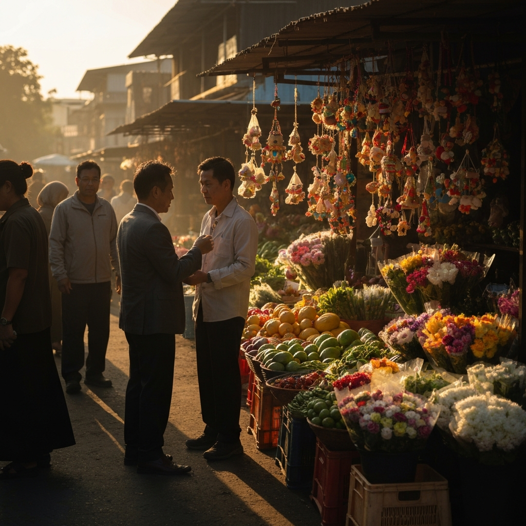 A bustling marketplace scene with vendors selling colorful flowers, fresh produce, and handcrafted decorations. The golden hour light creates long shadows and highlights the vibrant colors of the goods on display. People are interacting and bargaining with the vendors.