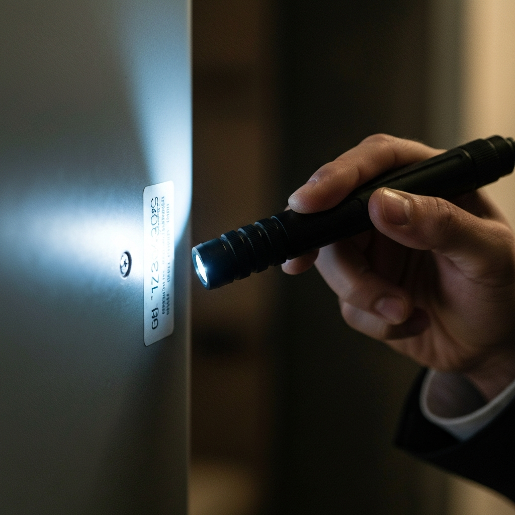 Close-up of a hand using a flashlight to illuminate a worn sticker on the side of a garage door opener unit, revealing the model number. Soft bokeh in the background.
