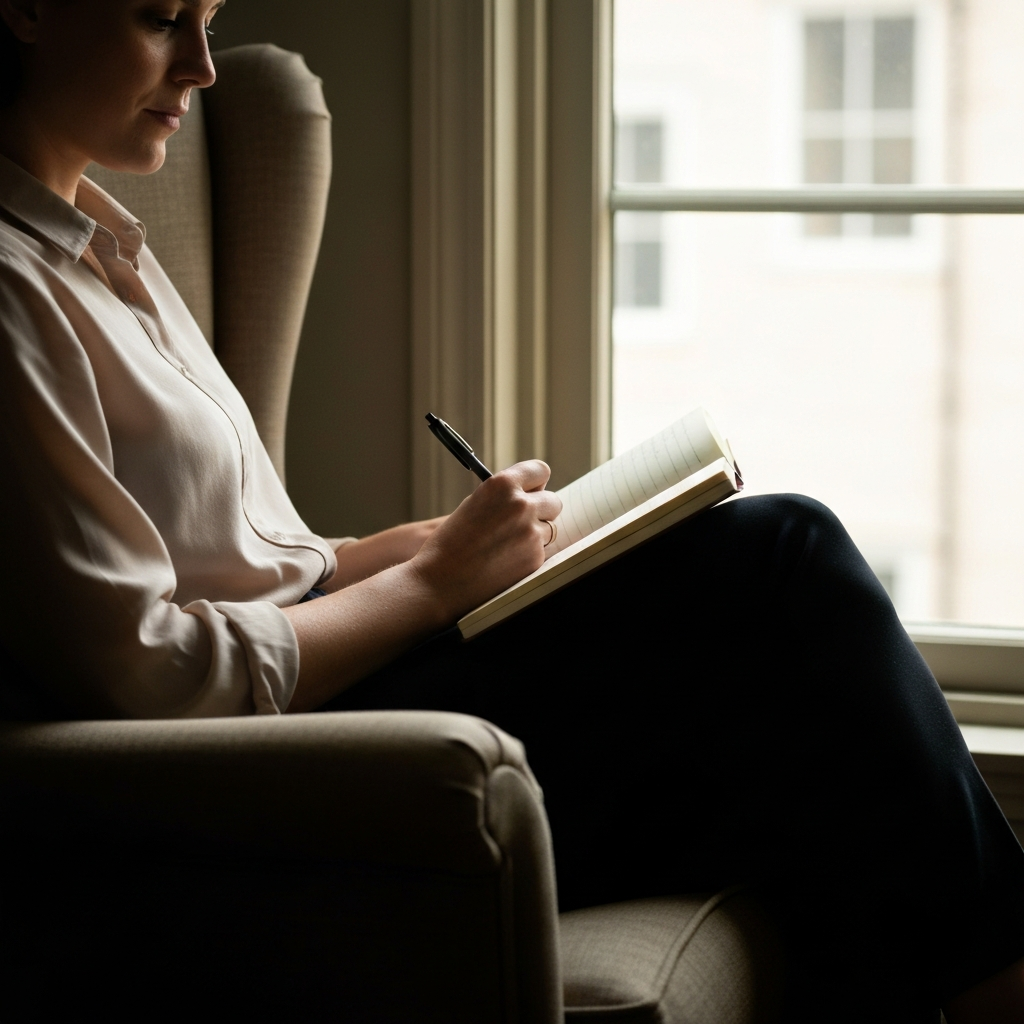 A person sitting comfortably in an armchair by a window, journaling with a pen and notebook. Soft, natural light filters through the window, highlighting the textures of the armchair and the paper.