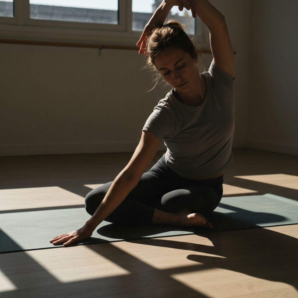 A person doing yoga in a sun-drenched studio. The light is diffused and airy, casting soft shadows on the yoga mat and the person's relaxed posture. Focus is on the tranquility of the pose.