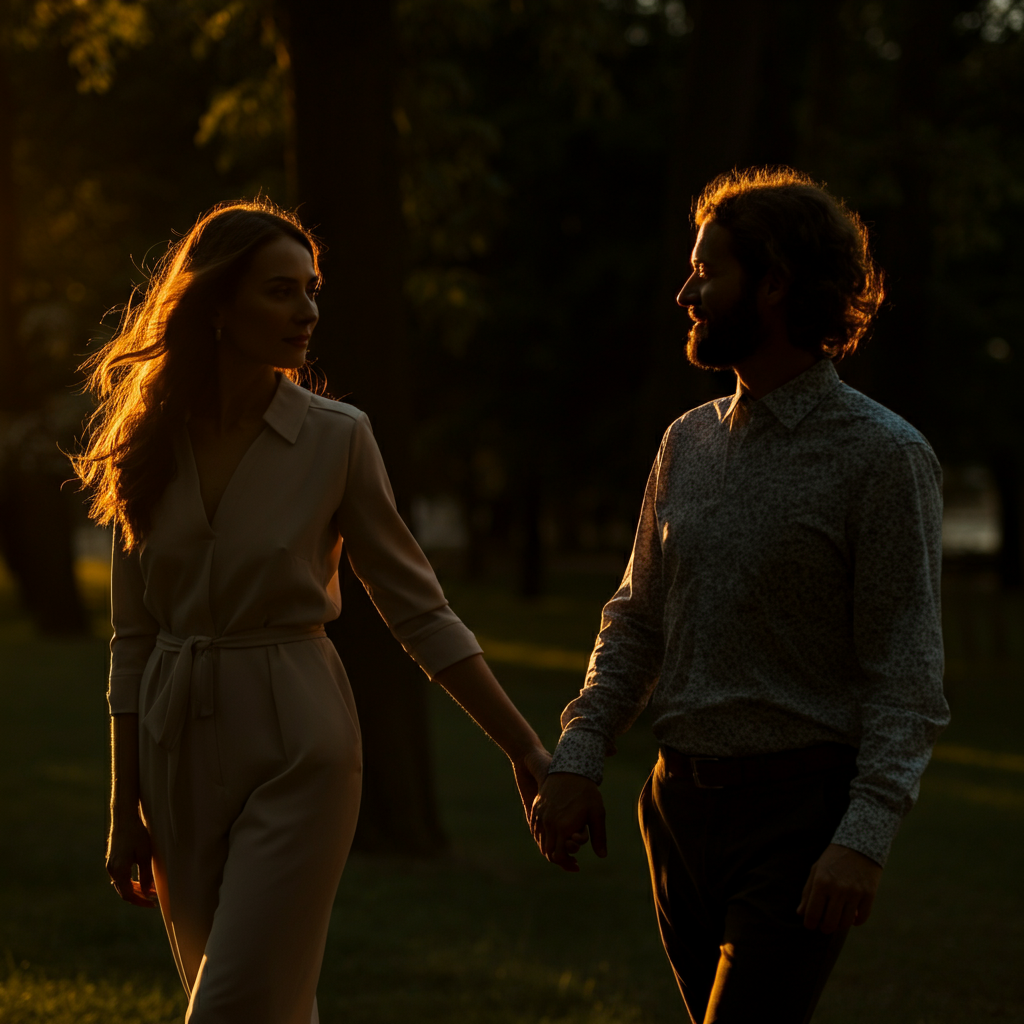 A couple walking hand-in-hand through a park during golden hour. The warm, diffused light of the setting sun illuminates their faces, conveying a sense of peace and companionship. The focus is on the connection between them.