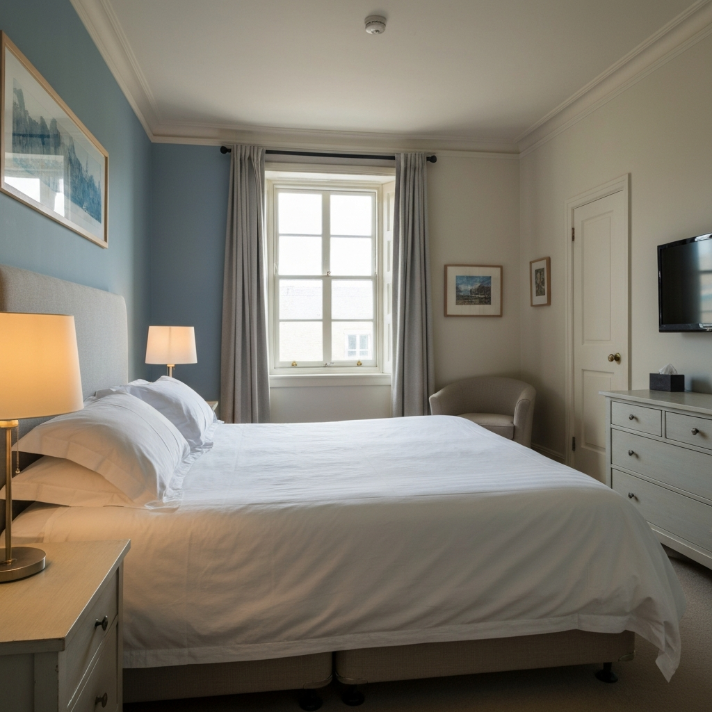 A bedroom with soft, ambient lighting. A comfortable bed with clean linens is the focal point. The scene conveys a sense of calm and tranquility.