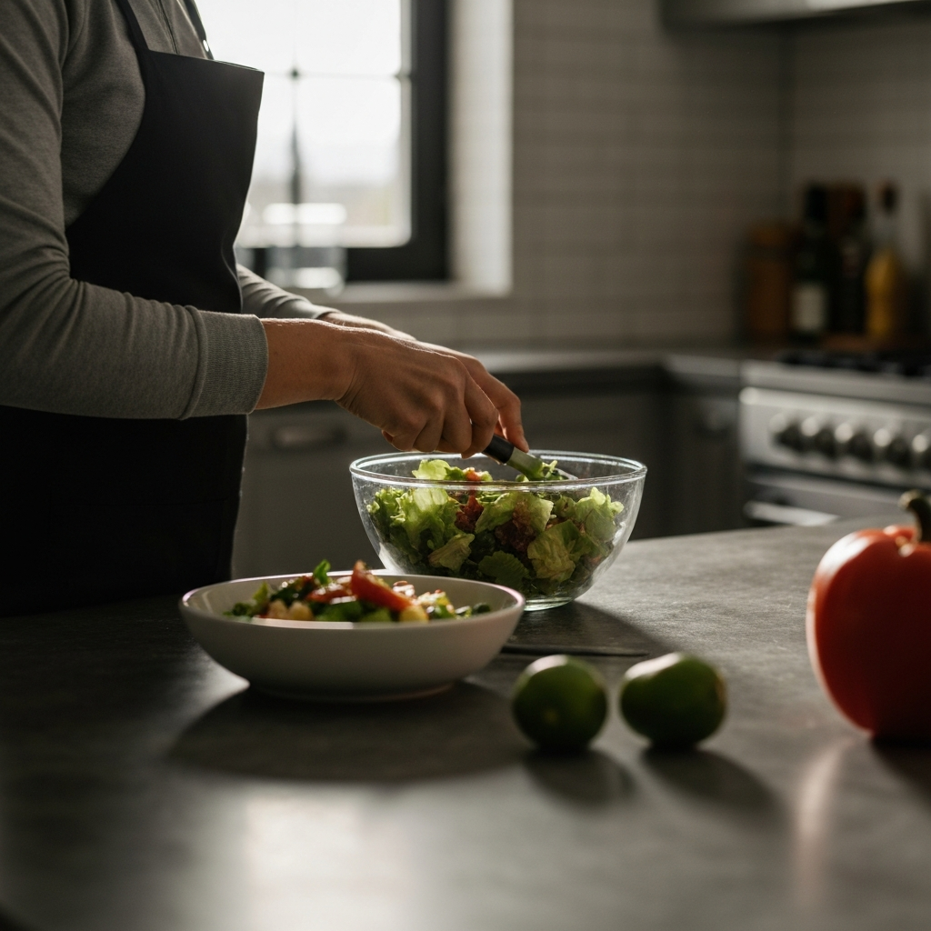 A person preparing a healthy salad in a bright and airy kitchen. The focus is on the fresh ingredients and the act of mindful preparation.