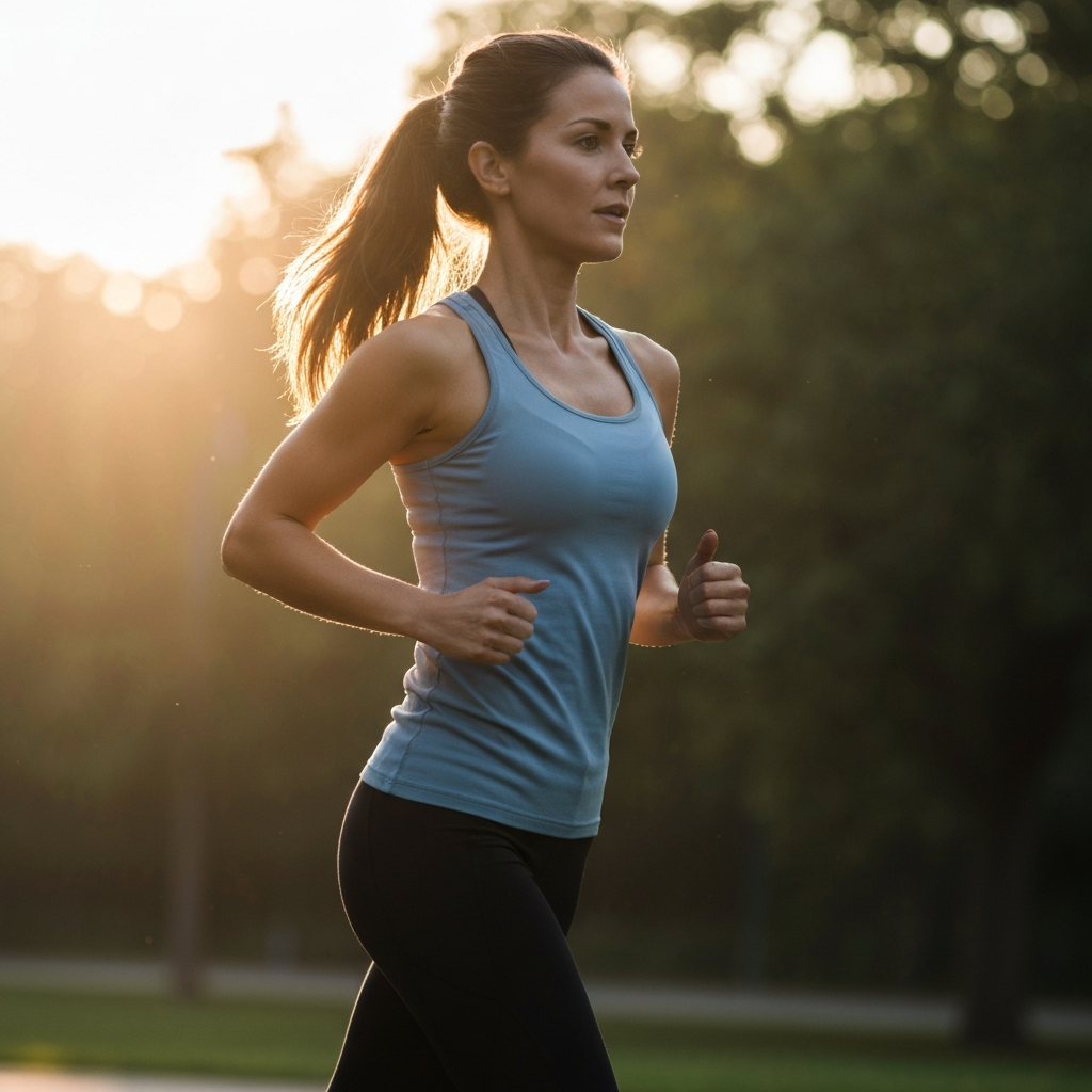 A woman jogging in a park during the early morning. The light is soft and golden, and the focus is on her movement and energy.