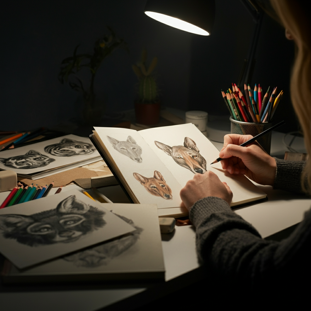 A well-lit desk space. A person is sketching various animal head shapes and features in a sketchbook. The desk is cluttered with colored pencils, erasers, and animal reference books, soft light coming from a nearby window.