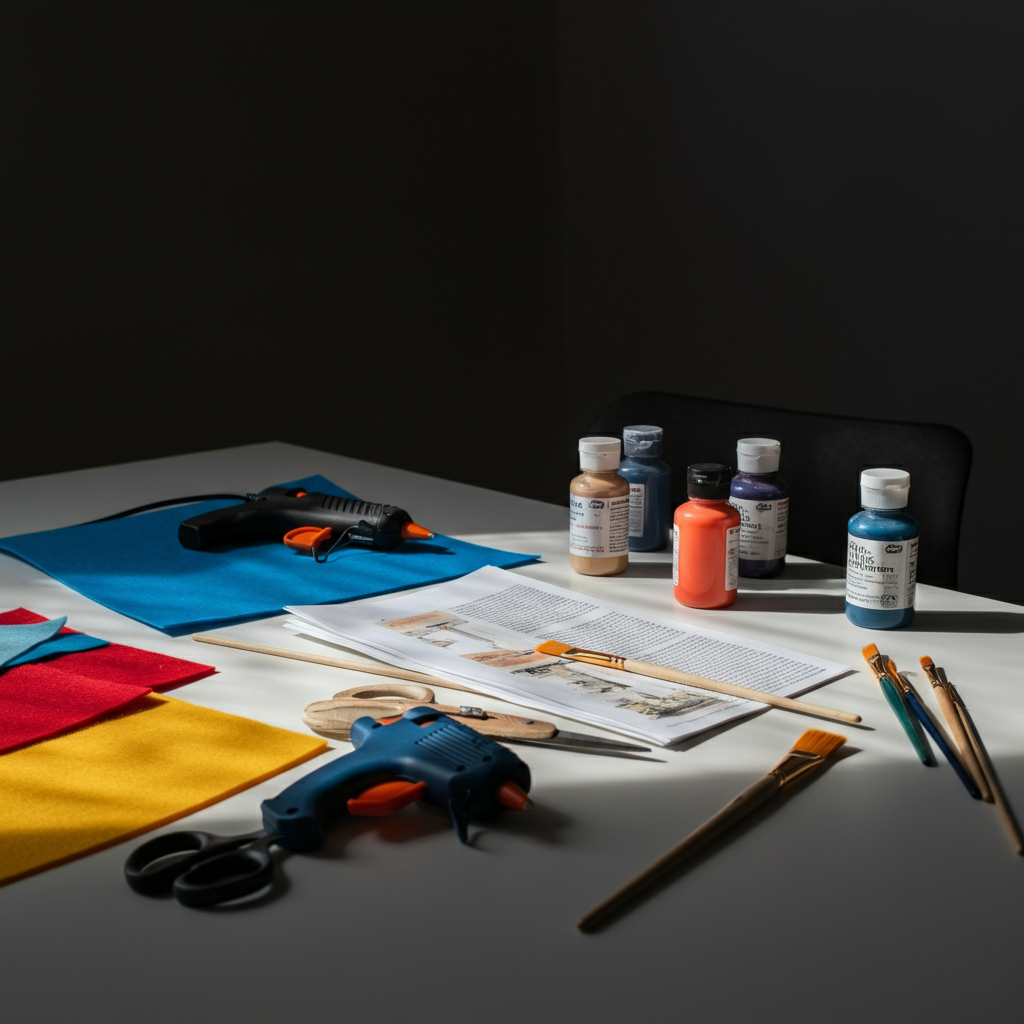 A close-up shot of an assortment of crafting supplies laid out on a clean work surface. The items include colorful felt sheets, a variety of paint brushes, a hot glue gun, scissors, and several bottles of acrylic paint.
