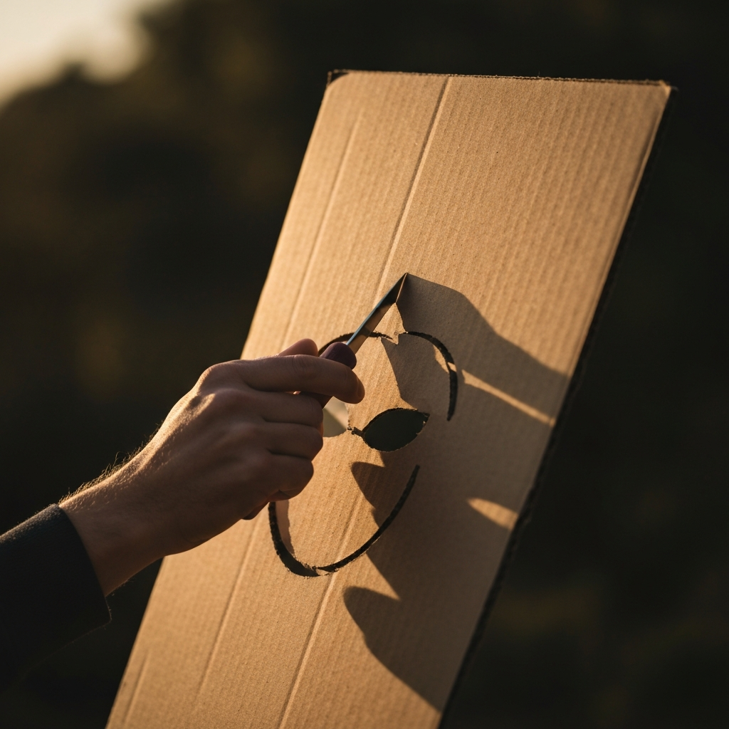 A side-lit close-up of a pair of hands carefully cutting a mask shape out of a sheet of thick cardboard using a craft knife. The cardboard is a neutral brown color, and the background is blurred.