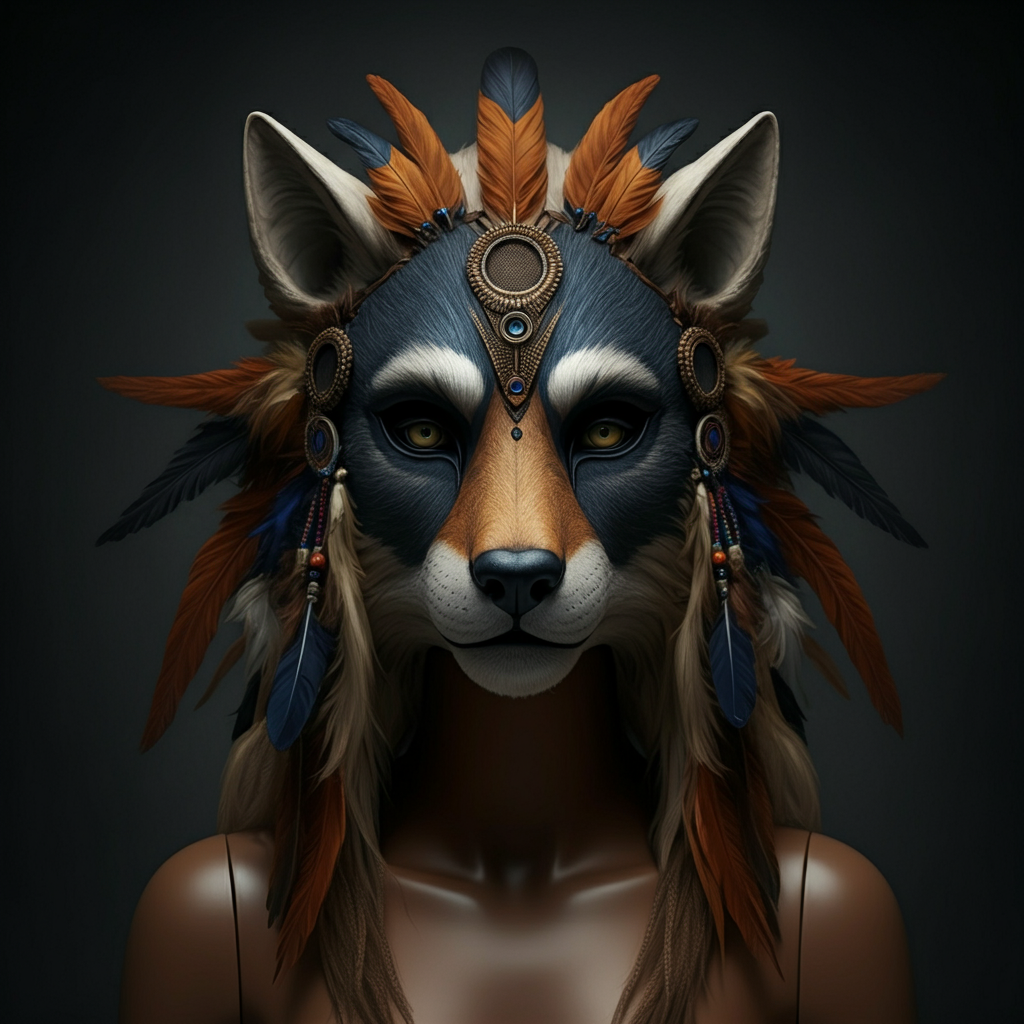 A fully completed therian mask displayed on a mannequin head. The mask is adorned with feathers, beads, and other decorative elements. The scene is well-lit, showcasing the mask's intricate details and artistic design.