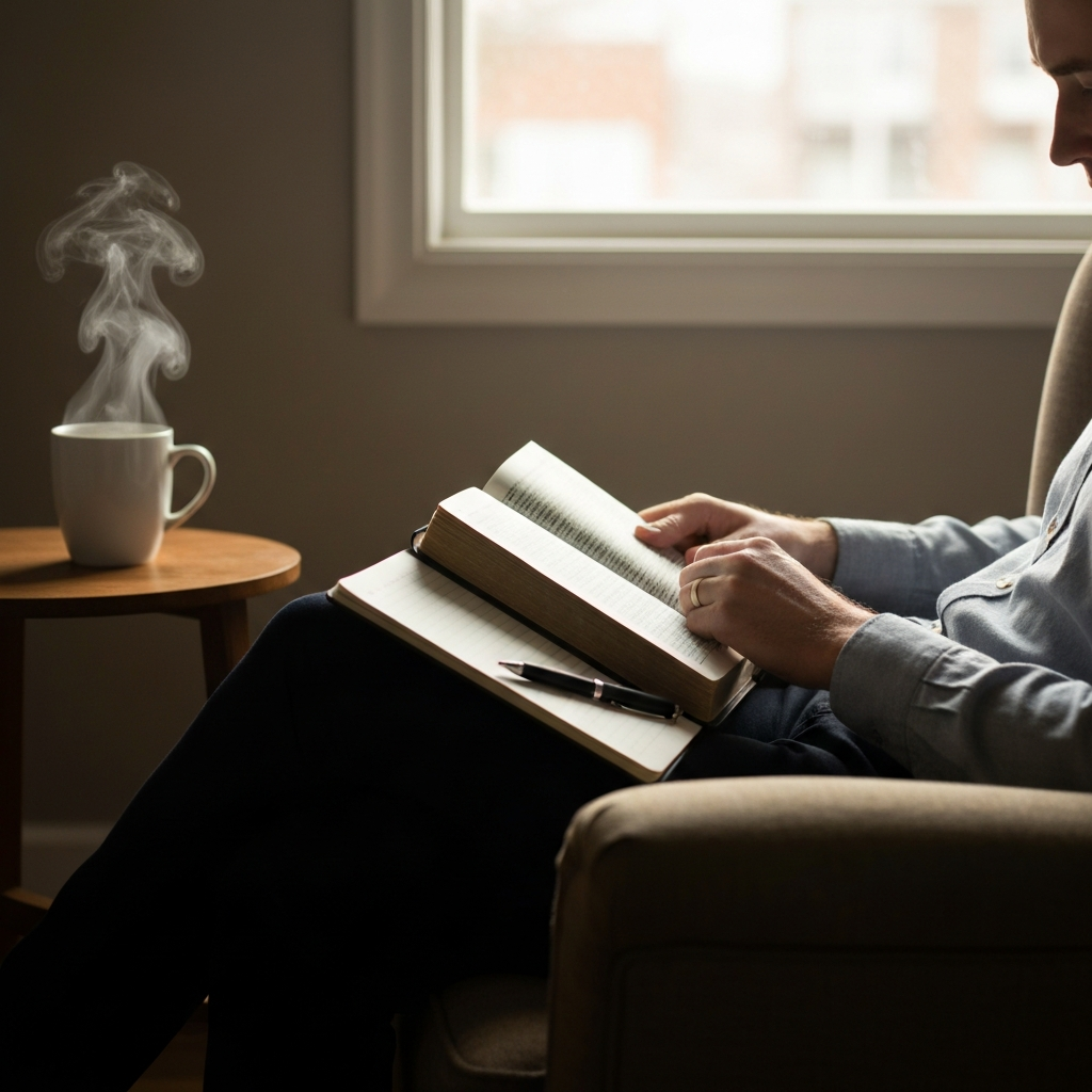 A person sitting in a comfortable armchair near a window, bathed in soft morning light, reading a well-worn Bible. A steaming mug sits on a side table beside them, with a pen and notebook resting open on their lap. Focus on the texture of the pages and the soft bokeh of the sunlight filtering through the window.