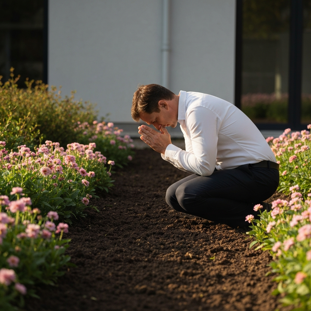 A person kneeling in a quiet garden, head bowed and hands clasped in prayer. The scene is bathed in the golden hour lighting, with soft shadows and vibrant colors. Focus on the texture of the soil and the delicate details of the surrounding flowers.