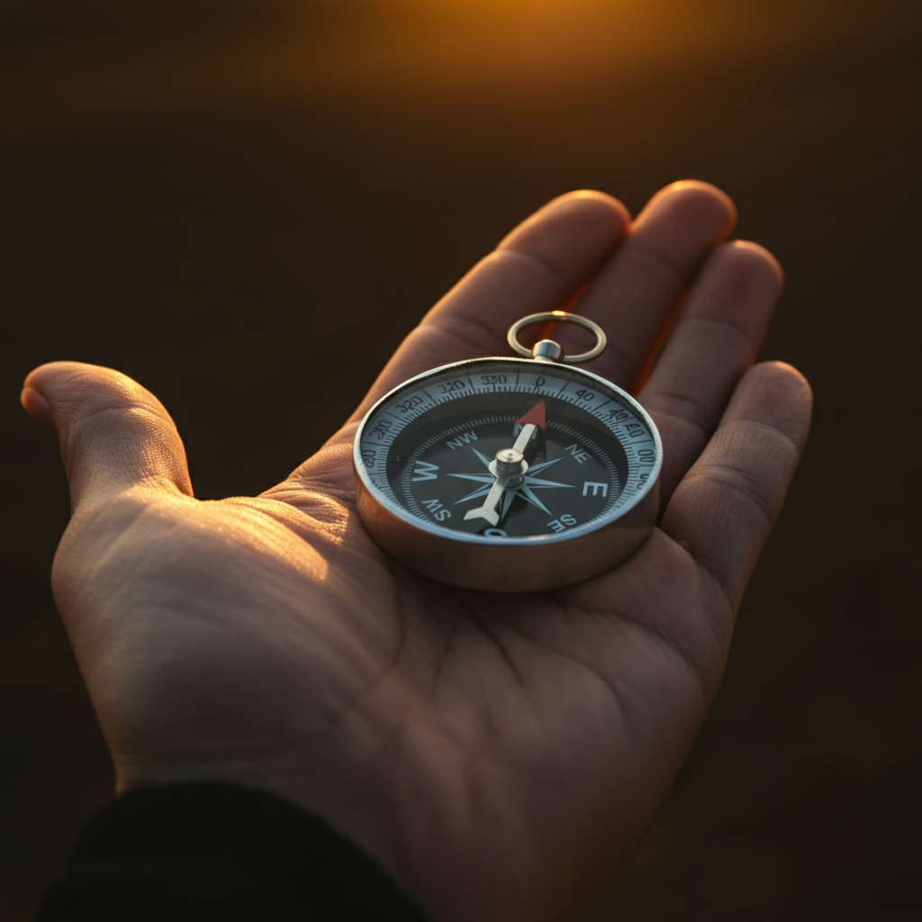 A close-up shot of a compass resting in the palm of a hand. The compass needle points towards the north. The hand is gently cupped, with soft side-lit textures. Focus on the metallic details of the compass and the skin texture of the hand.