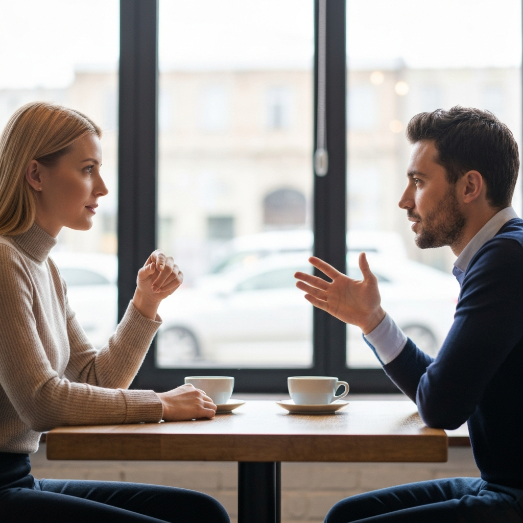 Two people sitting across from each other at a table in a brightly lit coffee shop, engaged in conversation. One person is listening attentively while the other speaks with a gentle expression. Focus on the natural interaction and the ambient light filtering through the windows.