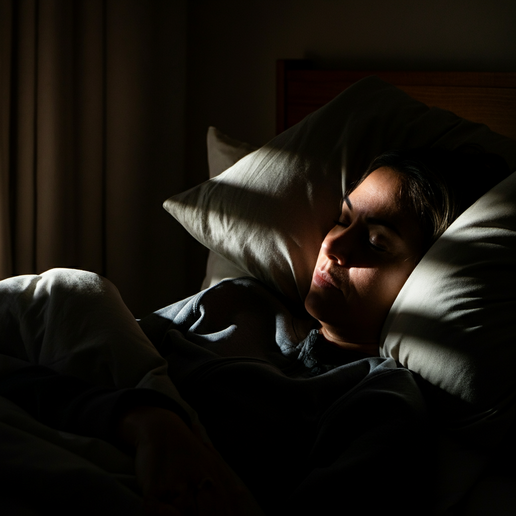 A person sleeping peacefully in a dimly lit room. Soft light filters through the curtains, casting gentle shadows on their face. Focus on the serenity of the scene and the peaceful expression on the person's face.