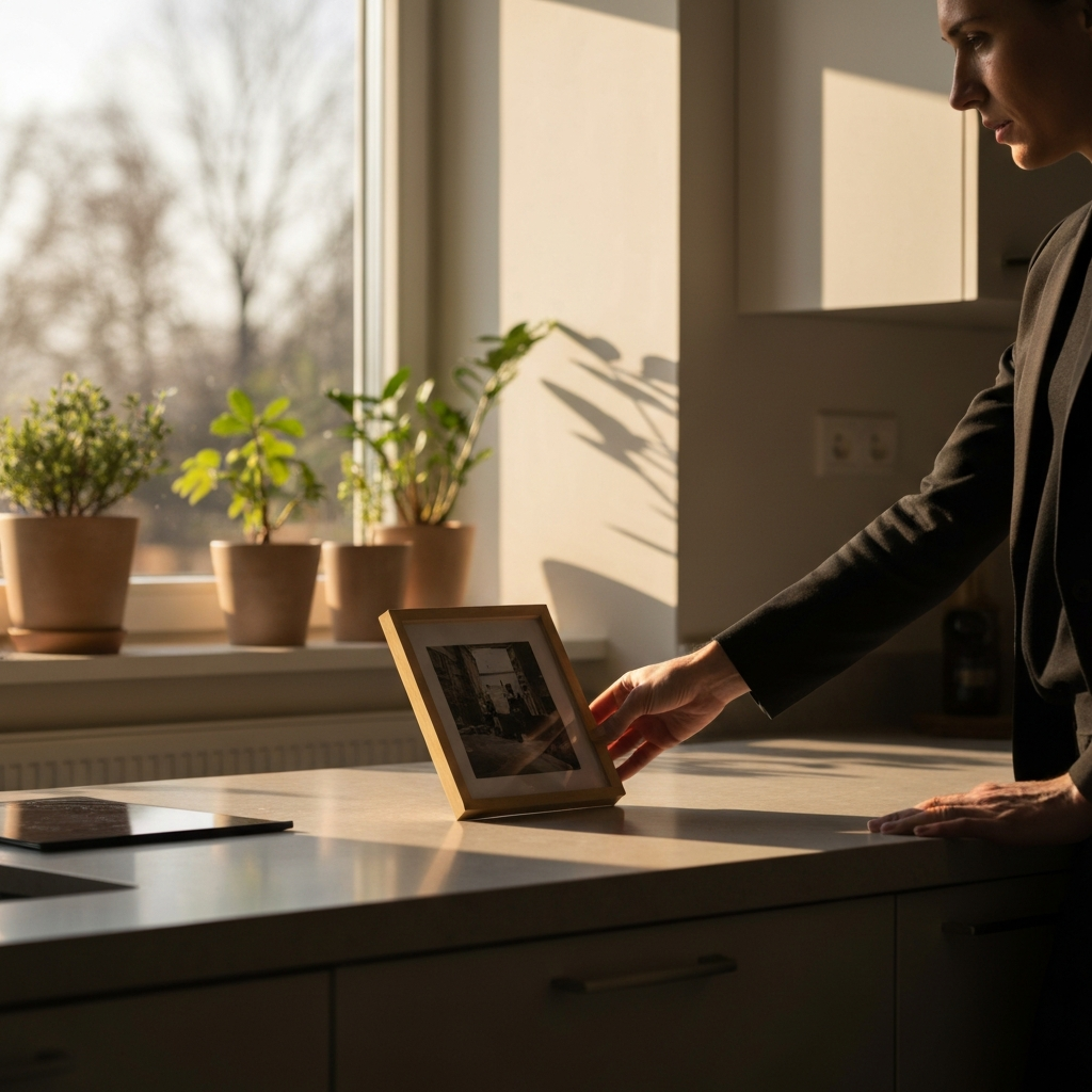A sunny kitchen. A hand delicately places a framed photo face down on a countertop. The background shows blurred silhouettes of plants on a windowsill, catching golden hour lighting.