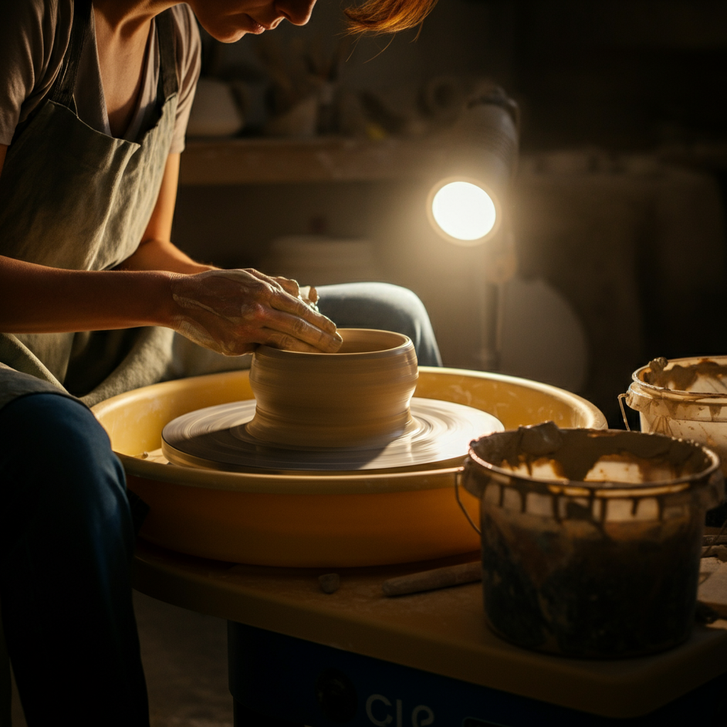 A pottery studio. A woman's hands, illuminated by overhead lights, skillfully mold clay on a spinning wheel. The room is filled with natural light and the textures of various clay tools and finished pieces.