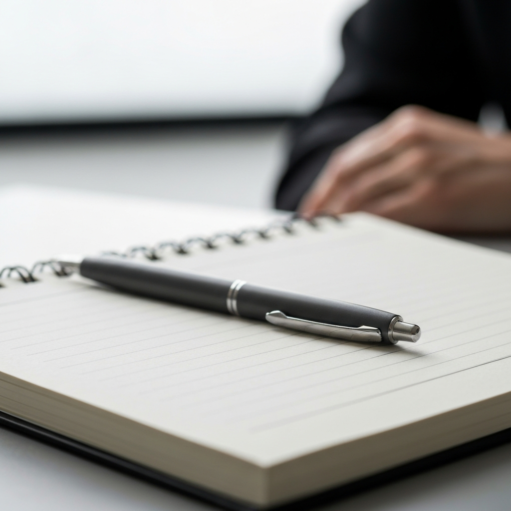 A therapist's office. A side-lit view of a notepad, with a pen resting on top. The texture of the paper and the subtle sheen of the pen are visible. The background is softly blurred, suggesting a calm and professional environment.