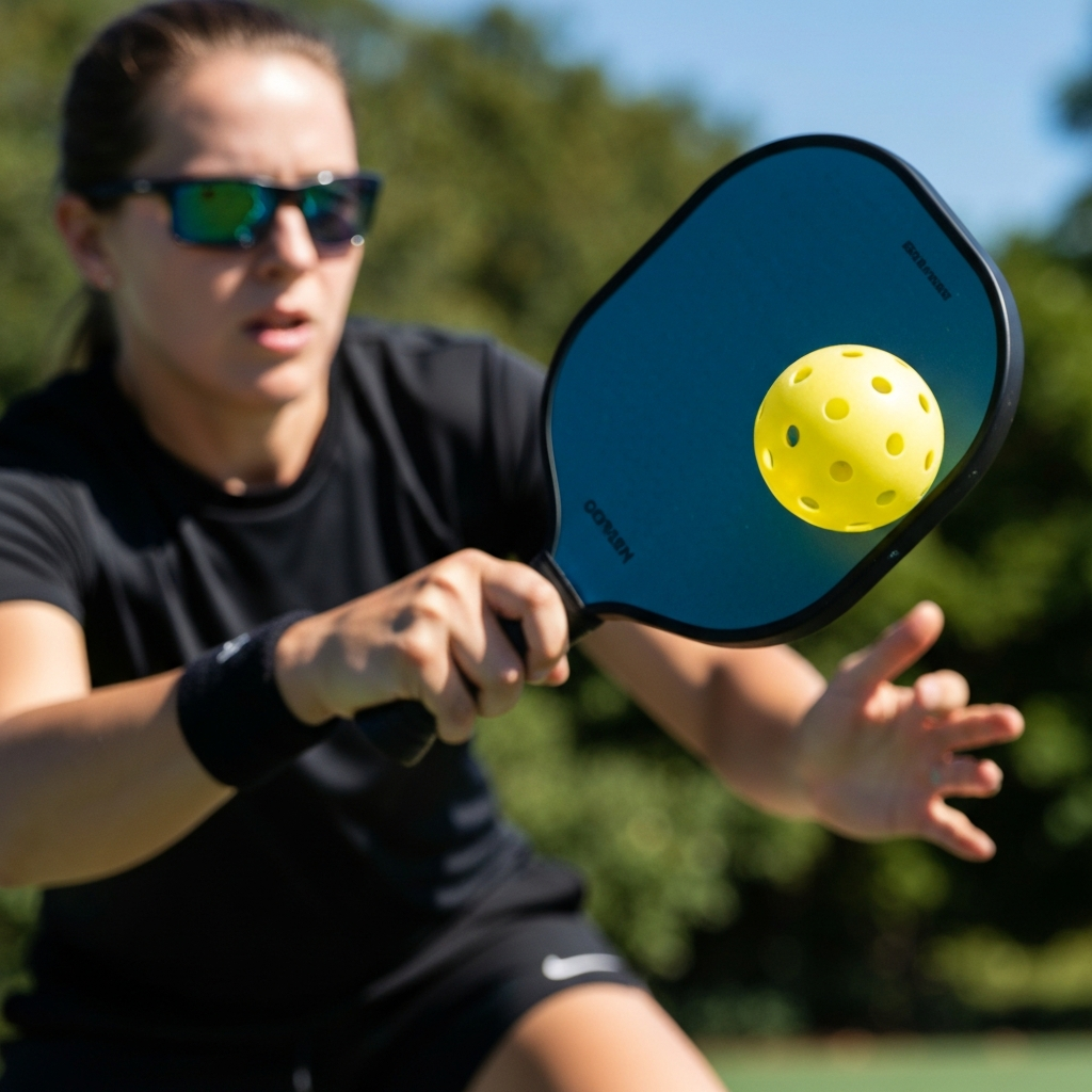 A pickleball player in action, demonstrating a forehand shot. Bright natural lighting with shallow depth of field focusing on the paddle face contacting the ball. The player is wearing athletic clothing and sunglasses.