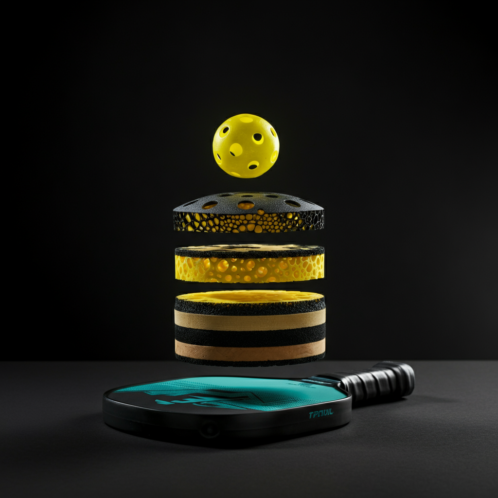 A disassembled pickleball paddle showcasing the core material between the face layers. Studio lighting with a macro lens emphasizing the core material texture and cell structure.