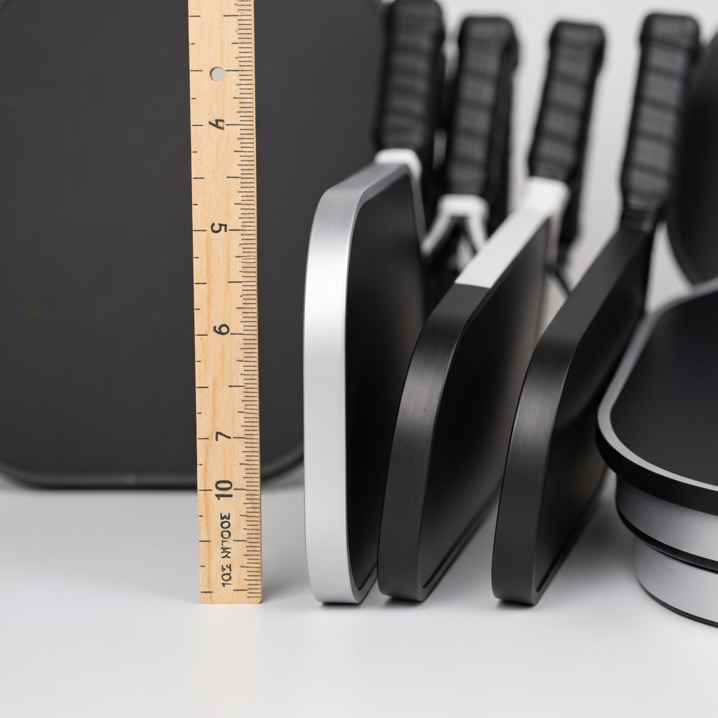 A side view of several pickleball paddles with varying thicknesses. A ruler is placed beside them to illustrate the differences. Even lighting with focus on the paddle edges.
